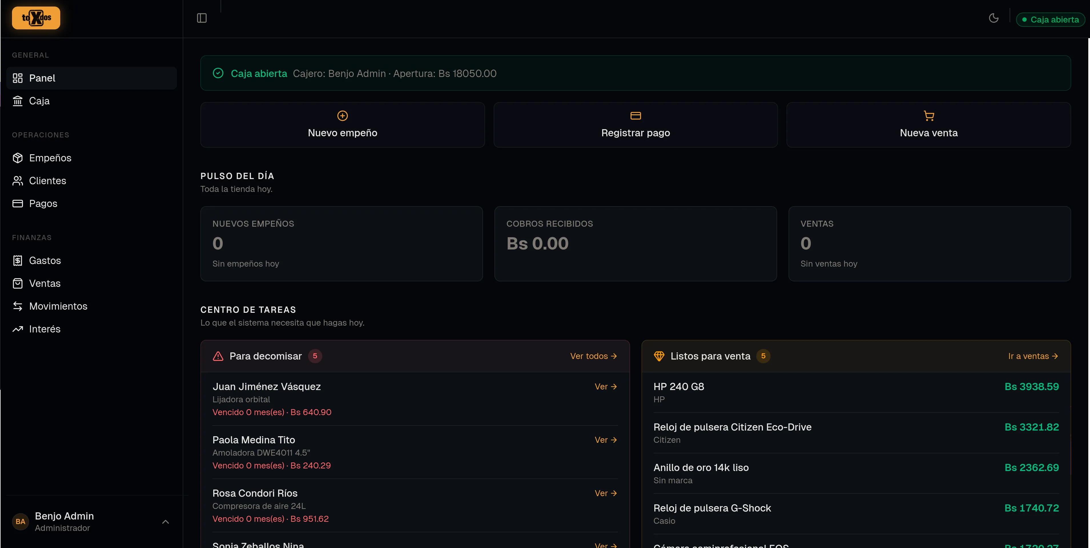 Toxdos dashboard — pawnshop management system in production
